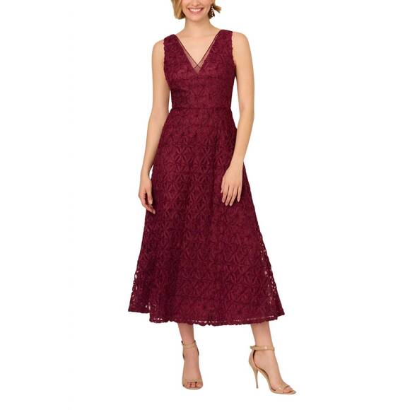 NEW ADRIANNA PAPELL sleeveless embroidered crepe midi dress in light wine